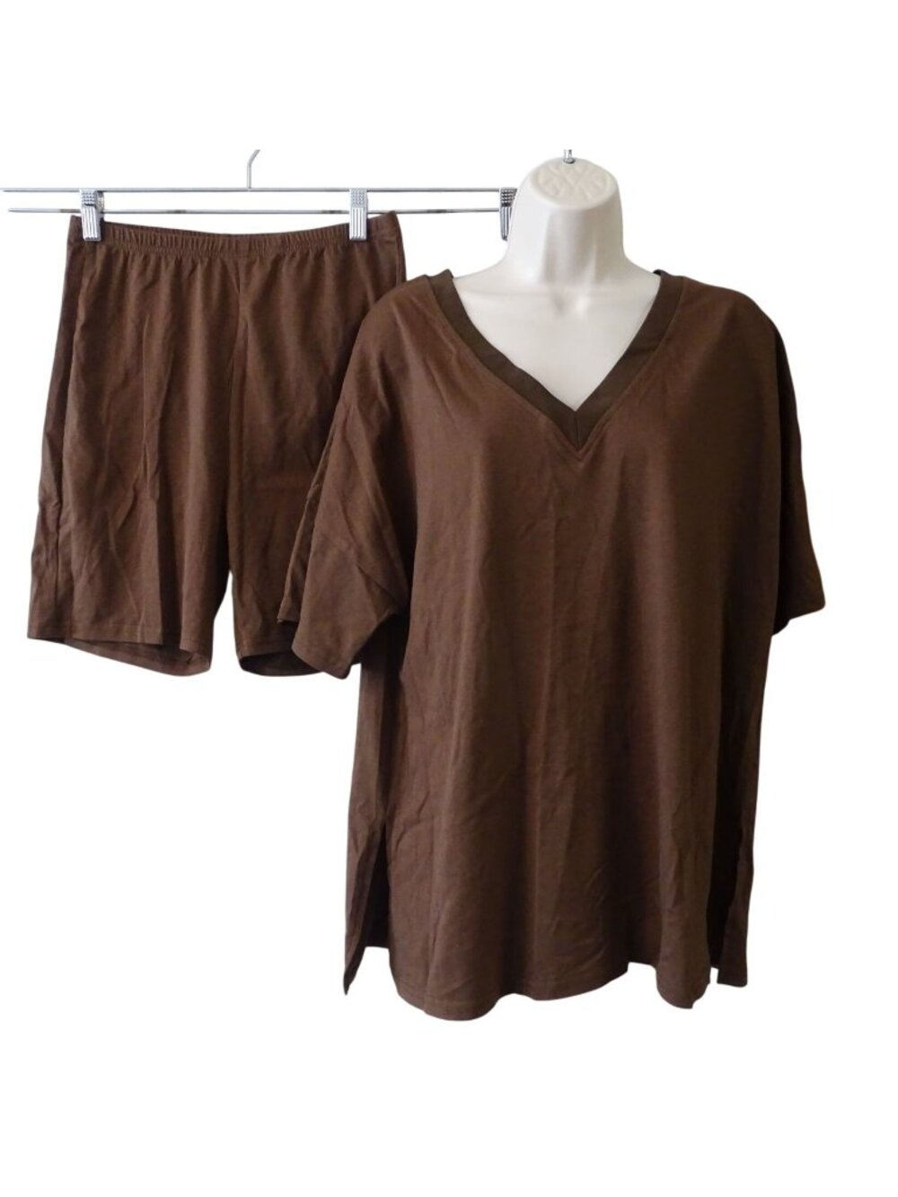 Brown 2 Pc Short Set Lounge V-Neck Top Women Size M Casual Summer Vacation